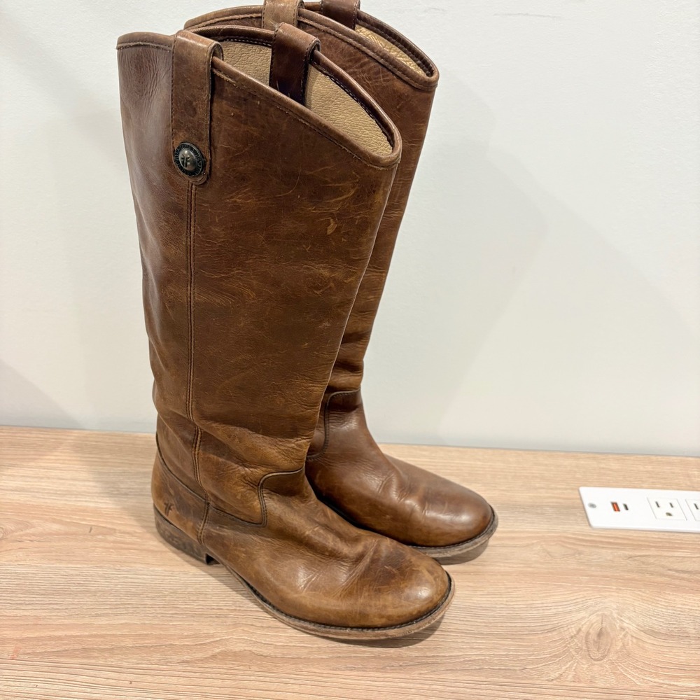 Frye Melissa Button Tall Riding Boots Women Brown Size 8.5 B Distressed Leather